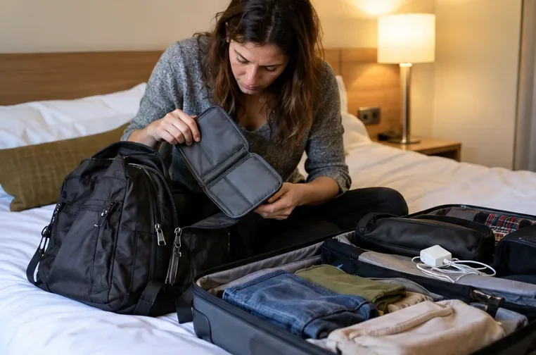 Una viajera revisa su mochila abierta y la funda vacía del pasaporte sobre una cama al comprobar que el documento no está.
