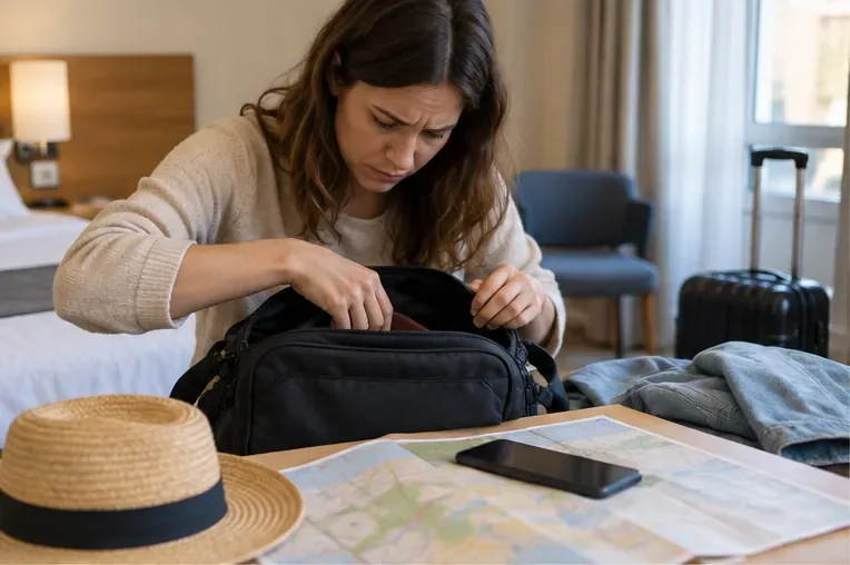 Voyageuse vérifiant soigneusement son sac dans une chambre après avoir constaté la perte de son passeport