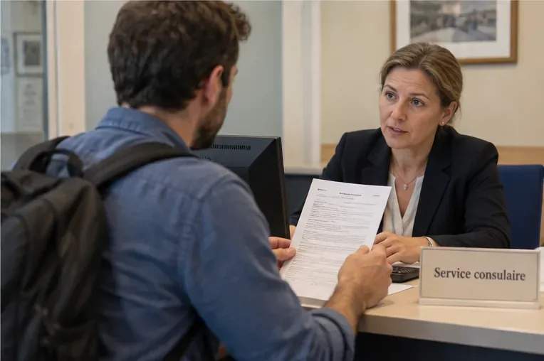 Voyageur présentant un dossier à une agente dans un service consulaire français