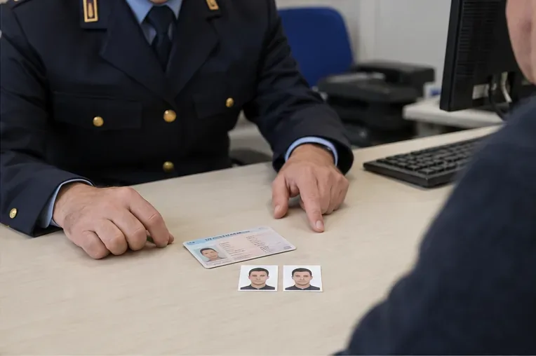 Un cittadino consegna una tessera d’identità e due fotografie formato tessera a un operatore allo sportello