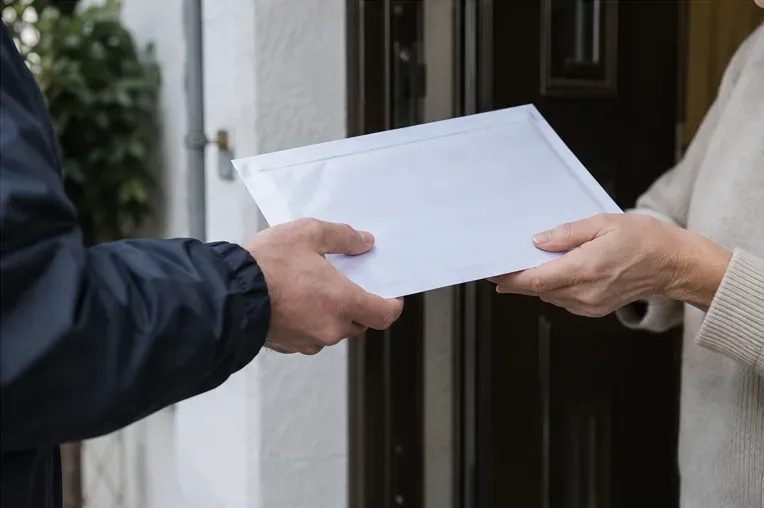 Una persona riceve un plico bianco non contrassegnato sulla soglia di casa