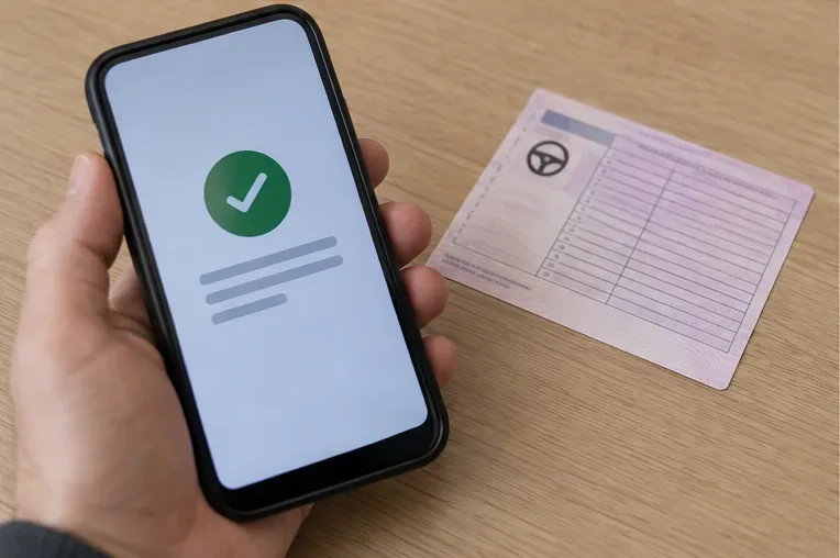 Uno smartphone mostra una conferma di pagamento generica accanto a un foglio provvisorio senza dati leggibili