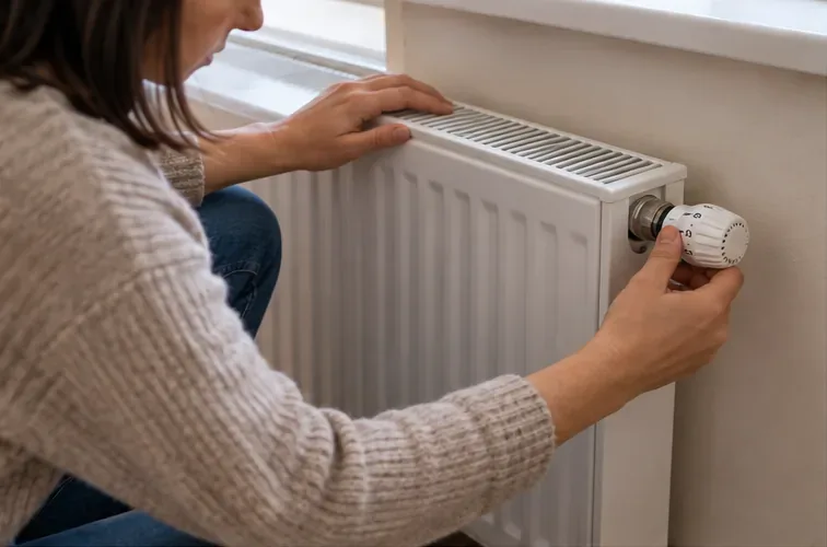 Osoba sprawdzająca zawór termostatyczny przy grzejniku przed sezonem grzewczym