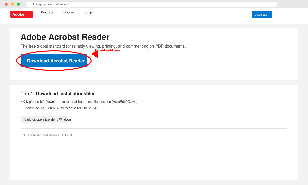 صورة توضح صفحة التحميل الرسمية لـ PDF Adobe Acrobat reader مع زر التنزيل البارز