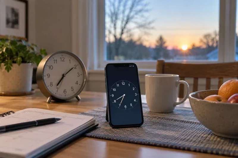 A smartphone and analog clock on a kitchen table beside a planner, with low sunlight visible through a window