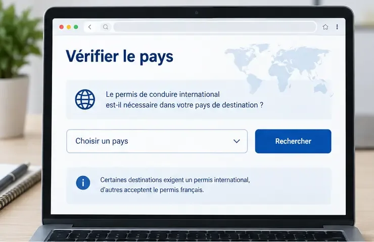 Écran illustré montrant la vérification du pays de destination pour savoir si un permis international est nécessaire