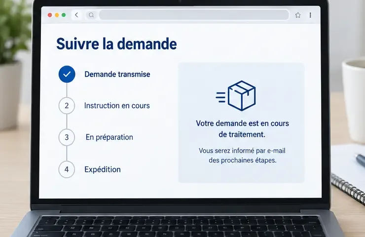 Écran illustré montrant les étapes de suivi d'une demande de permis international jusqu'à son expédition