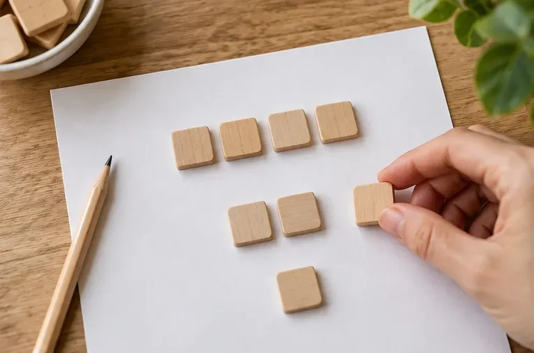 Auf einem weißen Blatt liegen mehrere kleine Holzplättchen, die eine Hand zu einer kleineren Gruppe zusammenlegt.