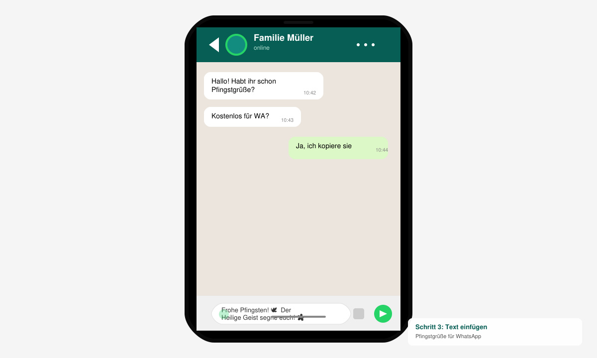 Nahaufnahme eines Handys mit kopiertem Pfingstgruß-Text im WhatsApp-Eingabefeld