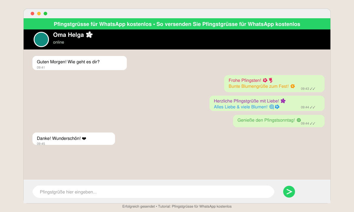 WhatsApp-Chatfenster mit erfolgreich gesendeten bunten Pfingstgrüßen und Blumen-Emoji