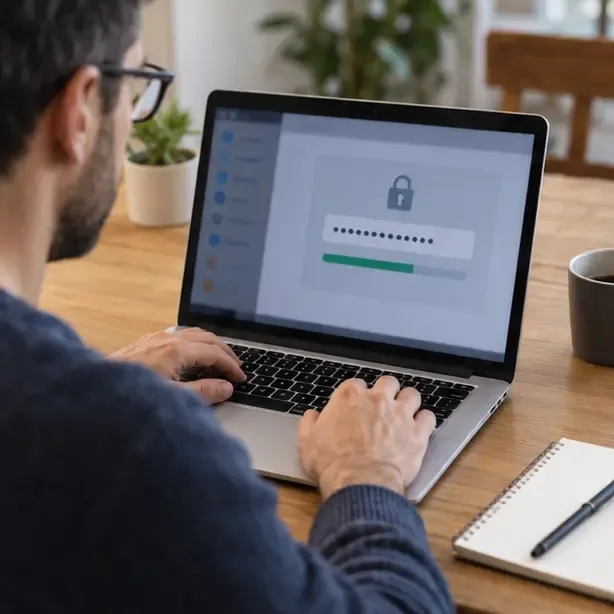 Un uomo crea una nuova password su un computer portatile con una schermata di sicurezza astratta