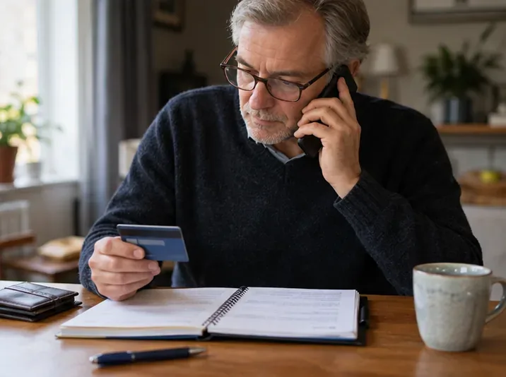 Ein Mann telefoniert mit seiner Bank und prüft zugleich seine Karte und Unterlagen.