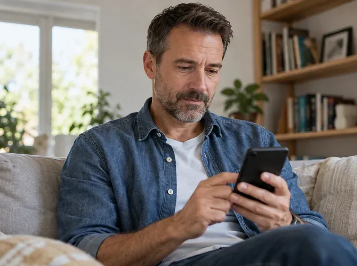 Ein Mann prüft eine Information über sein Smartphone unabhängig von der Nachricht, die ihn dazu aufgefordert hat.