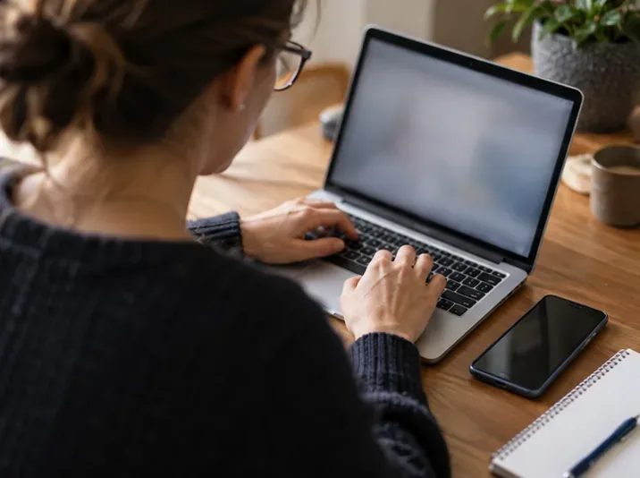 Eine Person arbeitet am Laptop an der Absicherung eines Kontos; die Anzeige ist nicht lesbar und zeigt keine bestimmte Plattform.