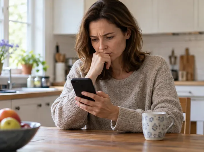 Eine Frau betrachtet eine unerwartete Nachricht auf ihrem Smartphone und hält inne, bevor sie darauf reagiert.