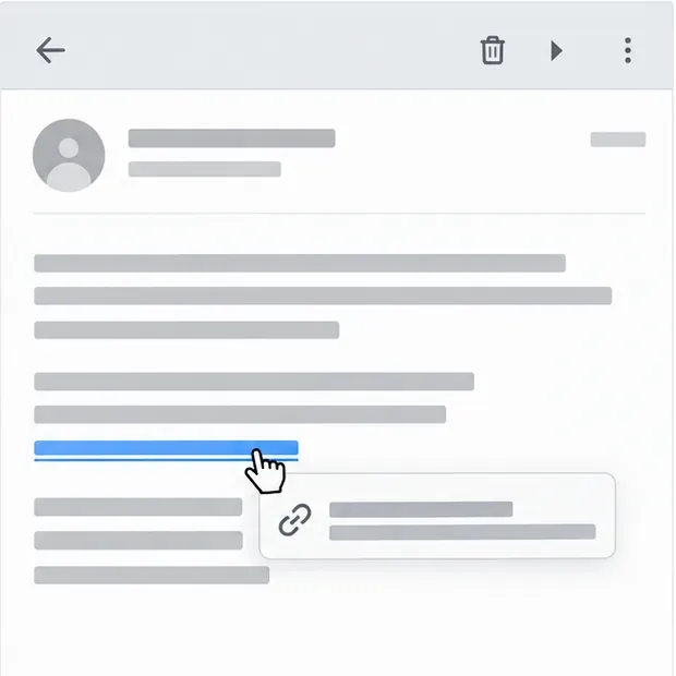 Een cursor staat boven een blauwe hyperlink in een bericht en een klein venster toont een linkvoorbeeld