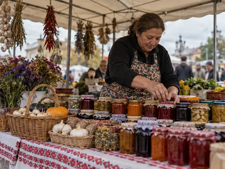O vânzătoare aranjează borcane cu conserve și coșuri sub o copertină de piață