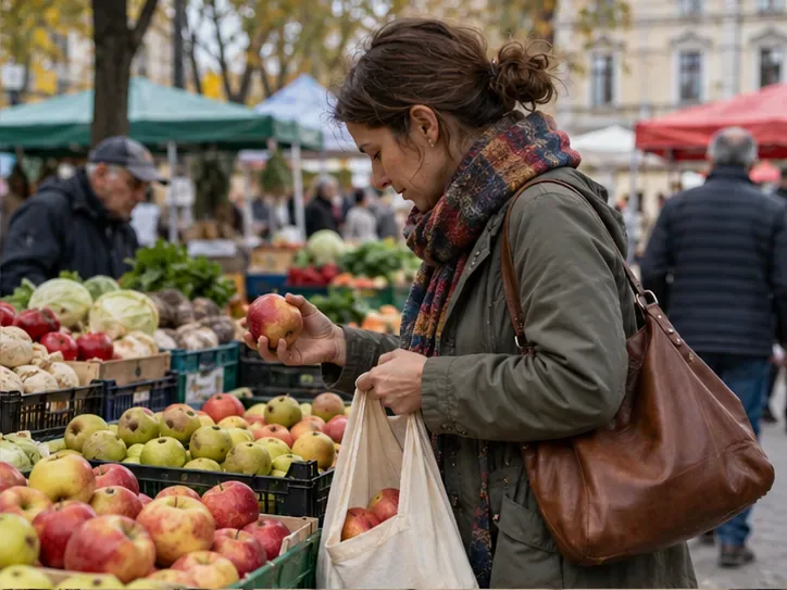 O cumpărătoare verifică un măr lângă lăzi cu produse într-o piață