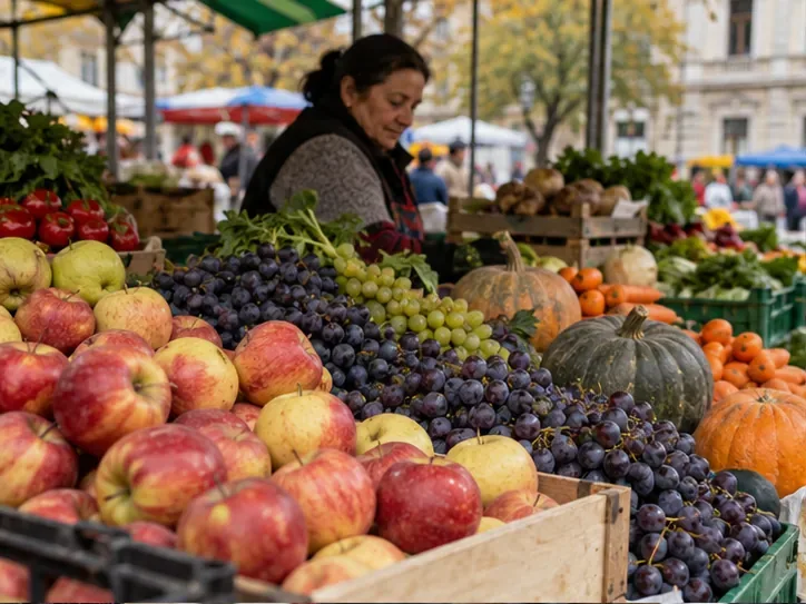 Tarabă cu mere, struguri, dovleci și alte produse de toamnă într-o piață în aer liber