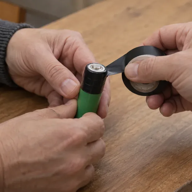 Mani applicano nastro isolante non conduttivo ai terminali di una batteria ricaricabile integra
