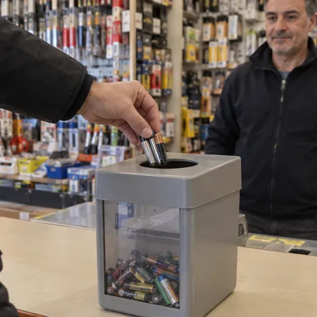 Una persona deposita due pile usate nel contenitore dedicato vicino al banco di un negozio