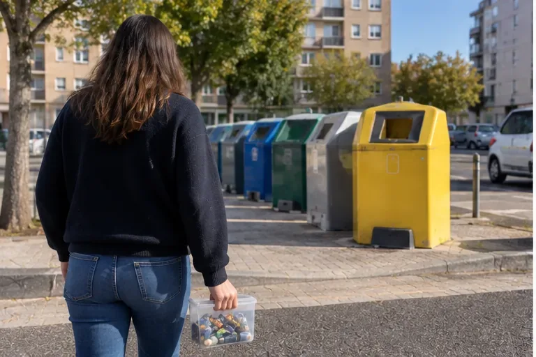 Una persona porta un contenitore con pile usate verso una zona di raccolta differenziata urbana