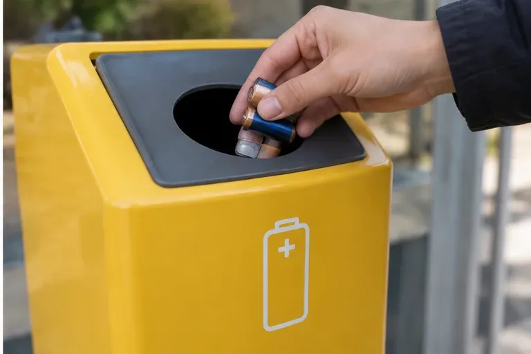 Una mano inserisce alcune pile cilindriche in un contenitore giallo dedicato alla raccolta delle batterie