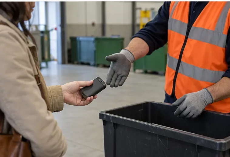 Un addetto con gilet ad alta visibilità indica un contenitore mentre riceve un piccolo dispositivo elettronico