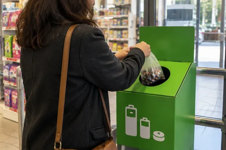 Una persona deposita un sacchetto di piccole pile usate in un contenitore verde per batterie all'interno di un negozio