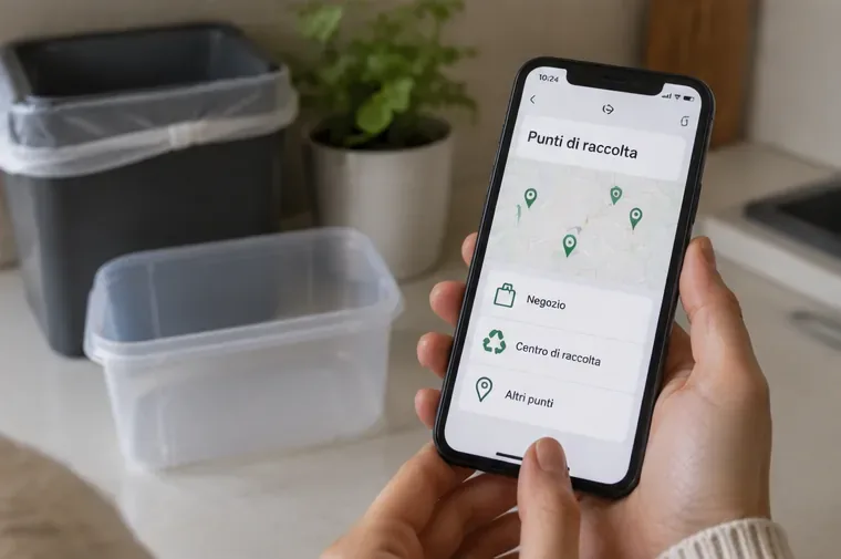 Una persona consulta sullo smartphone una mappa di punti di raccolta con categorie negozio e centro di raccolta