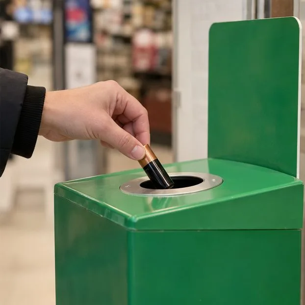 Una mano deposita una pila stilo in un contenitore verde dedicato alla raccolta delle batterie