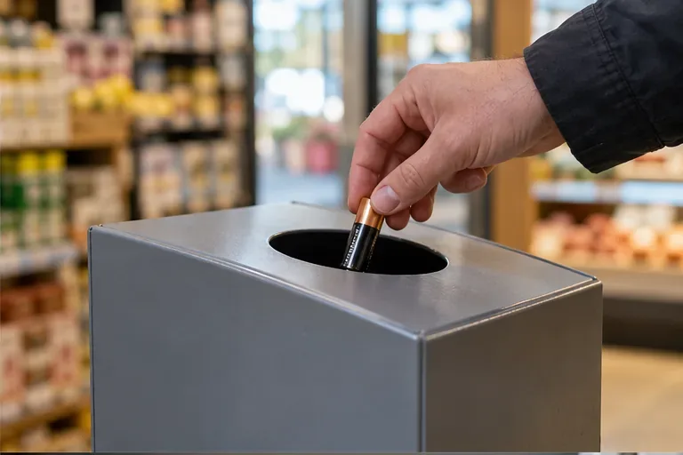 Una mano inserisce una pila usata in un contenitore dedicato dentro un negozio