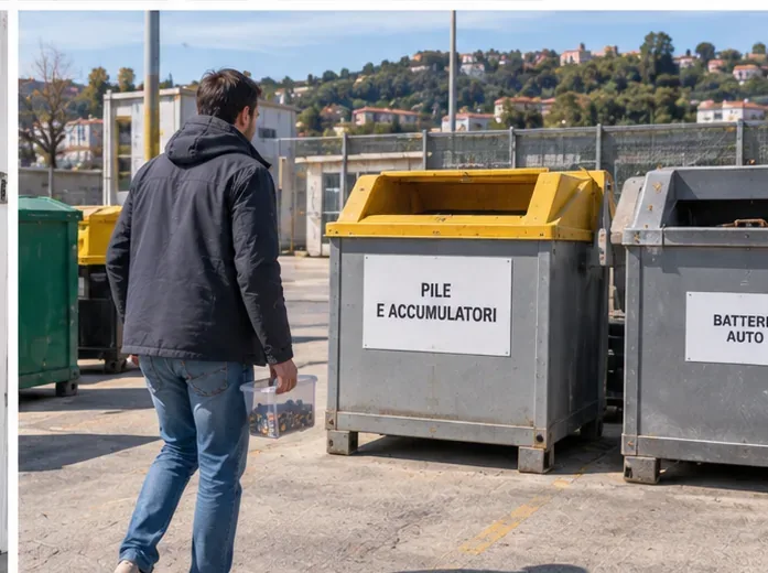 Un uomo porta un contenitore con pile verso un'area di raccolta differenziata con cassoni dedicati a pile, accumulatori e batterie auto