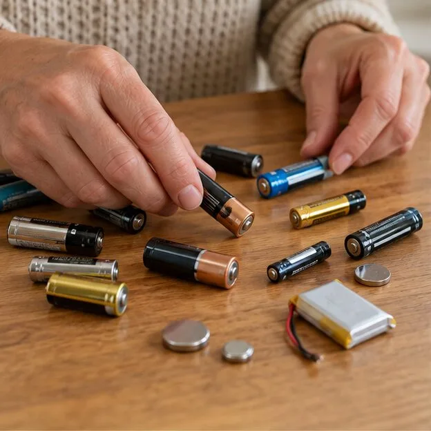 Des mains regroupent sur une table des piles cylindriques et des piles bouton de formats différents.