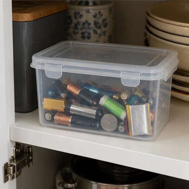 Une boîte rigide transparente contenant des piles portables usagées est rangée sur une étagère intérieure, à l’écart de la chaleur.