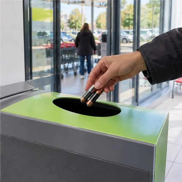 Une personne dépose deux piles cylindriques dans l’ouverture d’un bac de collecte pour piles situé dans un magasin.