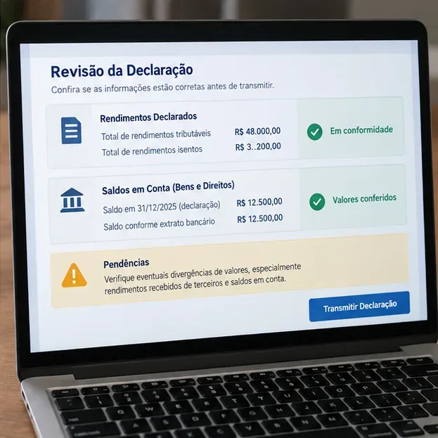 Tela ilustrativa de revisão da declaração comparando rendimentos e saldo bancário antes da transmissão.