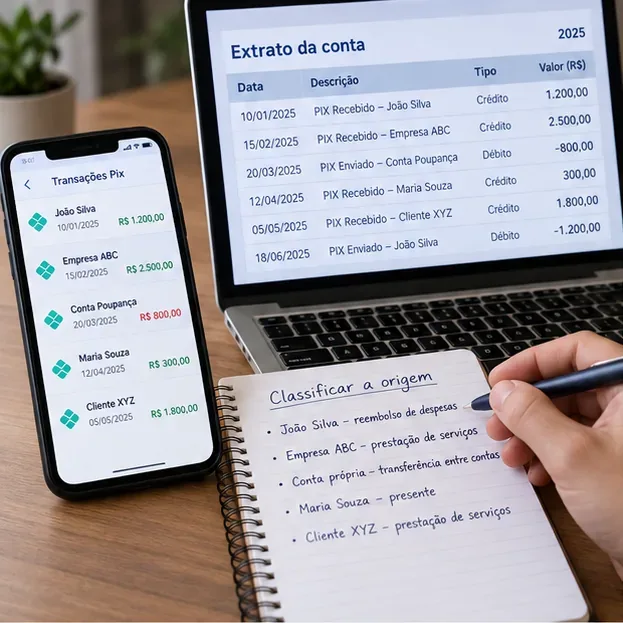 Extrato bancário com transferências Pix e anotações que classificam a origem de cada valor recebido.