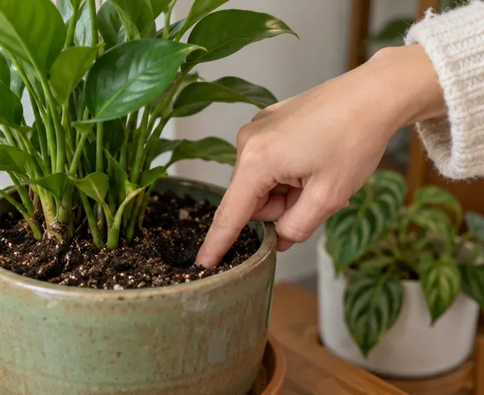 A close-up of a hand pressing a finger about an inch into dark potting mix beside a healthy green houseplant.