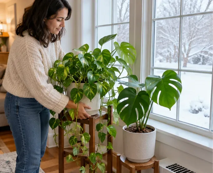 A person moves leafy houseplants onto stands beside a bright snowy window while keeping the pots away from the heating vent below.