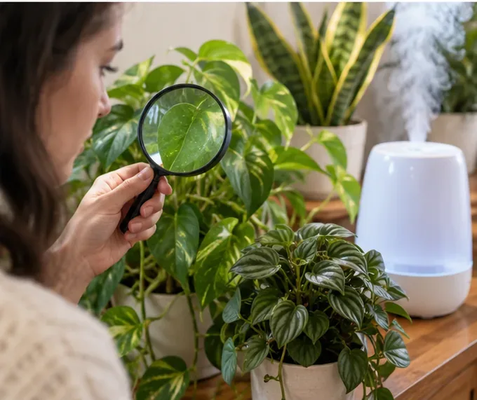 A person examines a green houseplant leaf with a magnifying glass while several plants and a small room humidifier sit nearby.