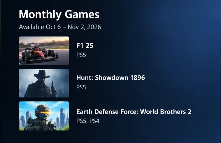Illustrative Monthly Games list showing F1 25 for PS5, Hunt: Showdown 1896 for PS5, and Earth Defense Force: World Brothers 2 for PS5 and PS4.