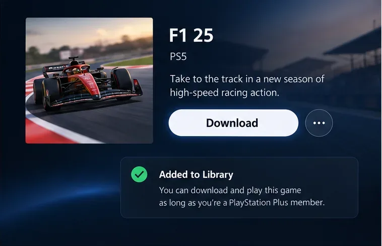 Illustrative game detail screen showing an F1 25 entry with a Download button and an added-to-library confirmation state.
