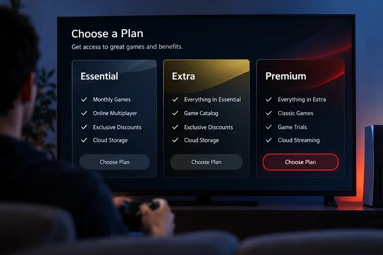A television-style subscription screen comparing PlayStation Plus Essential, Extra, and Premium
