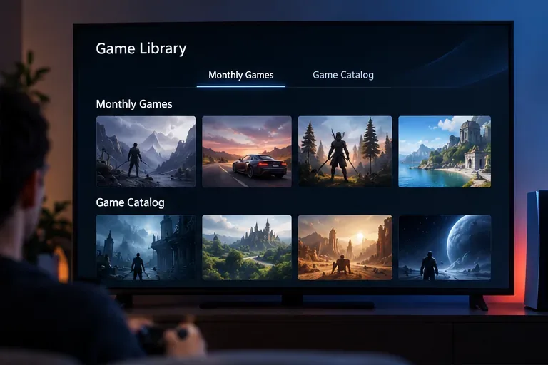 A generic game library screen with tabs for Monthly Games and Game Catalog