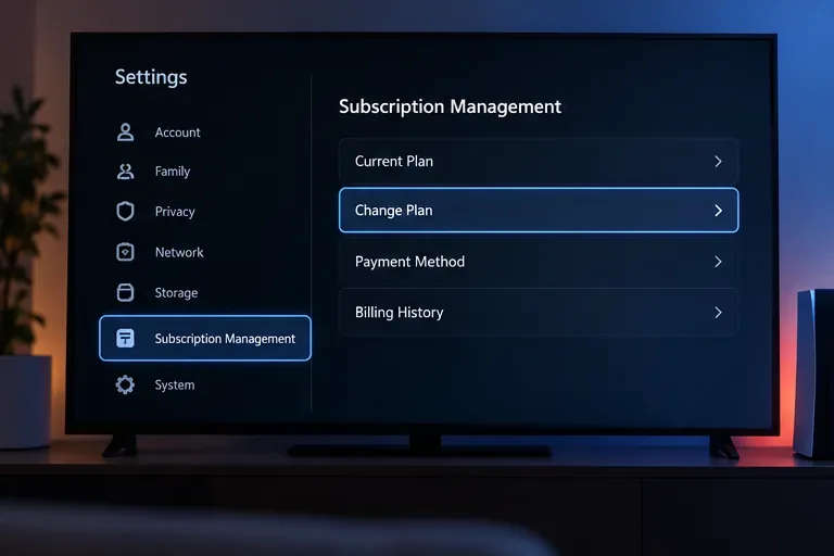 A generic console settings screen highlighting Subscription Management and Change Plan