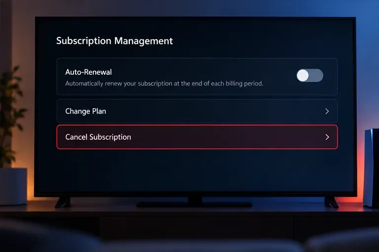 A generic subscription management screen showing Auto-Renewal, Change Plan, and Cancel Subscription