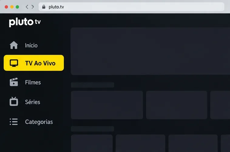 Janela esquemática da Pluto TV com TV Ao Vivo em destaque na navegação lateral.