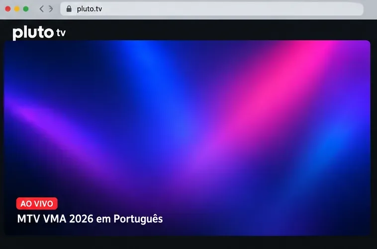 Reprodutor esquemático com fundo de luzes coloridas, identificação AO VIVO e nome MTV VMA 2026 em Português.