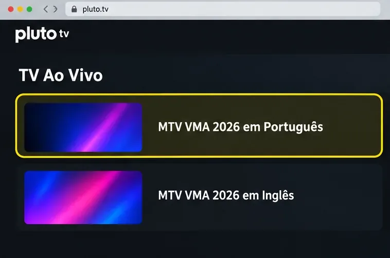 Duas opções esquemáticas de canal VMA 2026, em Português destacada e em Inglês abaixo.